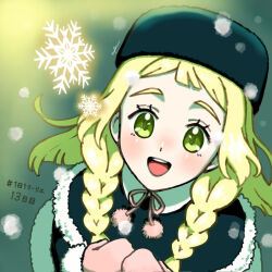 1girl :d blonde_hair blush braid capelet commentary_request dress eyelashes from_above fur-trimmed_capelet fur-trimmed_dress fur_trim green_eyes happy hat highres hiyokko2min lillie_(pokemon) long_hair looking_up mittens nintendo open_mouth outdoors pink_mittens pokemon pokemon_(anime) pokemon_sm_(anime) smile snowflakes solo teeth tongue translation_request twin_braids upper_teeth_only