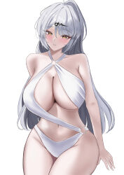 1girl absurdres coffeepls777 highres long_hair navel o-ring o-ring_swimsuit simple_background single_hair_intake solo swimsuit white_background white_hair yellow_eyes yi_xuan_(zenless_zone_zero) zenless_zone_zero