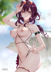 1girl absurdres adjusting_eyewear alternate_costume arm_strap bare_shoulders beach beach_umbrella bikini bracelet breasts chark14 collarbone commentary earrings english_commentary eyewear_on_head fanbox_username finger_on_eyewear from_side groin highres honkai:_star_rail honkai_(series) jewelry kafka_(honkai:_star_rail) large_breasts long_hair mixed-language_commentary navel nipples outdoors paid_reward_available pixiv_username purple_eyes purple_hair round_eyewear skindentation solo stomach string_bikini string_pull sunglasses swimsuit thigh_strap umbrella v white_umbrella