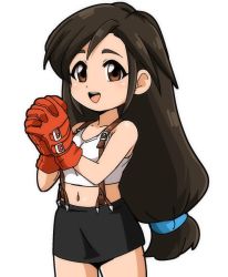 Rule 34 | 1girl, black hair, black skirt, breasts, cosplay, crop top, final fantasy, final fantasy ix, final fantasy vii, garnet til alexandros xvii, gloves, long hair, looking at viewer, low-tied long hair, midriff, navel, open mouth, simple background, skirt, smile, solo, suspender skirt, suspenders, tank top, tifa lockhart, tifa lockhart (cosplay), white background, white tank top, yuuya (blue scarab)
