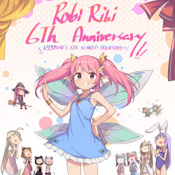 6+girls anniversary ashuri_(rabi-ribi) bare_arms bare_shoulders blue_dress bracelet chibi chocolate_(rabi_ribi) cocoa_(rabi_ribi) commentary copyright_name dress earrings english_commentary english_text erina_(rabi-ribi) fairy_wings flute frilled_dress frills grin hair_ornament hairclip hand_on_hip highres instrument jewelry lilli_(rabi-ribi) long_hair looking_at_viewer miriam_(rabi_ribi) multiple_girls necklace nieve_(rabi_ribi) nixie_(rabi_ribi) official_art pink_eyes pink_hair pixie_(rabi-ribi) pointy_ears rabi-ribi ribbon_(rabi-ribi) ring rumi_(rabi_ribi) saiste sleeveless sleeveless_dress smile twintails vanilla_(rabi_ribi) wing_hair_ornament wings |_|