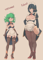 2girls absurdres alternate_costume apron bare_shoulders black_hair bow bowtie breasts brown_gloves brown_thighhighs cafin character_name cleavage dress enmaided female_focus fubuki_(one-punch_man) full_body garter_straps gloves green_hair grey_background hair_bow highres holding holding_plate juliet_sleeves large_breasts long_hair long_sleeves maid maid_headdress multiple_girls one-punch_man plate puffy_sleeves red_bow red_bowtie shiny_skin short_dress short_hair siblings simple_background sisters small_breasts smile standing tatsumaki thighhighs waist_apron white_apron