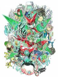 Rule 34 | absurdres, appmon, asuka torajirou, building, digimon, digimon universe: appli monsters, dogatchmon, dokamon, gatchmon, green hair, hackmon (appmon), hat, highres, karan eri, kashiki ai, katsura rei, looking at viewer, messemon, musimon, naoki akamine, official art, ozora yujin, pink hair, red eyes, shinkai haru, smile, tubumon