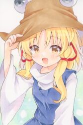1girl blonde_hair blush brown_hat commentary hair_ribbon hand_on_headwear hashtag-only_commentary hat highres long_hair long_sleeves looking_at_viewer moriya_suwako open_mouth purple_vest red_ribbon ribbon skirt skirt_set smile solo touhou twitter_username vest watermark wide_sleeves yellow_eyes yuiki_(cube)