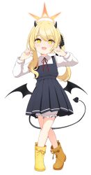 Rule 34 | 1girl, absurdres, black dress, black horns, black ribbon, blonde hair, bloomers, blue archive, blush, boots, collared shirt, commentary request, demon horns, demon tail, demon wings, dress, full body, hair ribbon, halo, hands up, highres, horns, ibuki (blue archive), korean commentary, long hair, long sleeves, looking at viewer, neck ribbon, open mouth, orange halo, partial commentary, pointy ears, poorunii, red ribbon, ribbon, shirt, shukusei!! loli-kami requiem, side ponytail, sidelocks, simple background, solo, standing, tail, transparent background, underwear, white bloomers, white shirt, wings, yellow boots, yellow eyes