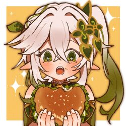 1girl armlet bare_shoulders blush border cross-shaped_pupils crossed_bangs detached_sleeves eyelashes food food_on_face genshin_impact gradient_hair green_eyes green_hair green_sleeves hair_intakes hair_ornament half_crown_braid jewelry leaf leaf_hair_ornament long_hair looking_at_food looking_down multicolored_hair nahida_(genshin_impact) open_mouth pointy_ears portrait side_ponytail sidelocks solo symbol-shaped_pupils tareme teeth tempurian white_border white_hair yellow_background