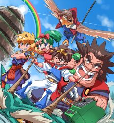 1girl 4boys absurdres arm_up armor artist_name aviator_cap beak belt belt_buckle big_head bird_boy black_hair blonde_hair blue_jumpsuit blue_shirt blue_sky blue_tunic blue_vest blush_stickers bow brown_belt brown_eyes brown_hair buckle closed_mouth cloud collared_jacket colored_sclera commentary corded_phone crossed_arms dated dragon eastern_dragon eyepatch facial_hair fantasy flying glint green_eyes green_hair grin hair_bow hand_on_another&#039;s_shoulder hat highres holding holding_phone horns ikusabe_wataru isedaichi_ken jacket japanese_clothes jumpsuit kataginu long_mustache looking_ahead low_ponytail magatama mashin_eiyuuden_wataru medium_hair multiple_boys mustache nose one_eye_closed one_eye_covered open_mouth outdoors pants pauldrons payphone phone pink_bow pink_shirt ponytail rainbow red_eyes red_hat red_jacket riding_dragon scabbard sheath sheathed shinobibe_himiko shirt short_hair shoulder_armor single_horn sky sleeveless sleeveless_jacket sleeveless_jumpsuit sleeves_rolled_up smile spiked_hair standing sun sword teeth thick_eyebrows tiara toraou tsurugibe_shibaraku tunic twitter_username vest wataribe_kurama weapon white_belt white_pants white_shirt winged_arms wings wristband yellow_sclera