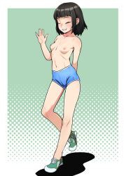 1girl arm_behind_back black_hair blue_shorts breasts closed_eyes full_body green_shoes highres j7w large_variant_set loli medium_hair nipples open_mouth original polka_dot polka_dot_background shadow shoes shorts small_breasts smile sneakers solo standing standing_on_one_leg topless_female variant_set
