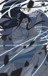 Rule 34 | 1boy, ashes, black hair, chinese clothes, closed mouth, dated, fighting stance, floating clothes, floating hair, glowing, glowing eyes, hanfu, headband, highres, holding, holding string, kimako (kimako 8), lan wangji, long hair, long sleeves, looking at viewer, male focus, modao zushi, robe, rock, shade, solo, string, topknot, twitter username, very long hair, watermark, white hanfu, white headband, wide sleeves, xiao guan (headdress), yellow eyes