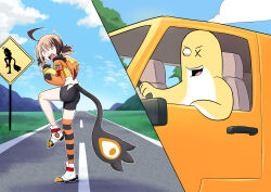Rule 34 | 1girl, absurdres, ahoge, ass, black shorts, blonde hair, blue sky, brown hair, cd usr, commentary, cropped hoodie, day, driving, english commentary, family guy, gigi murin, gigi murin (1st costume), grem (gigi murin), highres, hololive, hololive english, hood, hoodie, multicolored hair, open mouth, orange hoodie, orange thighhighs, outdoors, pink eyes, road, road sign, scared, scene reference, shirt, shorts, sign, single thighhigh, sky, striped clothes, striped thighhighs, tail, thighhighs, trembling, two-tone hair, virtual youtuber, white shirt, wide-eyed