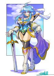 1girl absurdres ahoge armor bikini_armor blue_hair blue_sky boots breastplate breasts brooch commission commissioner_upload covered_navel earrings elbow_gloves fire_emblem fire_emblem:_genealogy_of_the_holy_war gloves headband highleg highleg_leotard highres hip_armor holding holding_sword holding_weapon if_they_mated jewelry leotard nintendo oomasa_teikoku original planted planted_sword planted_weapon purple_eyes sash selia_(mrtalkingdino) shoulder_armor sidelocks simple_background skeb_commission sky smile solo standing strapless strapless_leotard sword thighhighs tomboy weapon white_headband