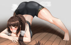 1girl arm_rest ass barefoot bike_shorts black_shorts black_sports_bra blush breast_press breasts brown_eyes brown_hair cleavage commentary_request crop_top full_body gradient_background grin gym_uniform hair_ornament hair_stick highres jack-o&#039;_challenge large_breasts last_origin long_hair looking_at_viewer meme midriff ponytail shadow shorts smile solo sports_bra steam sweat teeth tiequan_(last_origin) top-down_bottom-up wooden_floor xiao_(gensou8953)