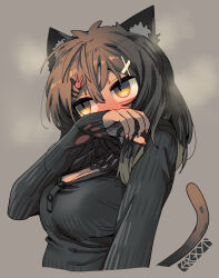 1girl animal_ear_fluff animal_ears artist_name black_sweater brown_hair cat_ears cat_girl cat_tail covering_own_mouth ergot fingernails fubuki_(kancolle) grey_background hair_ornament hairclip hand_up kantai_collection long_hair long_sleeves rabbit_hair_ornament sharp_fingernails simple_background sleeves_past_wrists slit_pupils solo sweater tail x_hair_ornament yellow_eyes