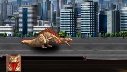 Rule 34 | bandai namco, blue sky, building, city, cityscape, crossover, day, dialogue box, giant, giant monster, gills, godzilla, godzilla (series), grass, kaiju, monster, mountain, overcast, park, railing, road, shin godzilla, sky, skyscraper, spikes, street, super robot wars, tail, toho, tree, type x