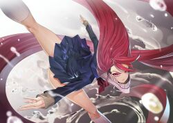 1girl absurdly_long_hair acrobatic_silky_(dandadan) blazer blue_jacket blue_skirt closed_mouth commentary dandadan feet_out_of_frame flexible from_above glaring glint highres jacket kneehighs kneepits leg_up long_hair long_sleeves looking_at_viewer mask miniskirt neckerchief outstretched_arms pleated_skirt prehensile_hair purple_eyes purple_hair red_neckerchief revision school_uniform shiratori_aira_(dandadan) skirt skull_mask socks solo standing standing_on_one_leg teddypocky thighs transformation v-shaped_eyebrows very_long_hair water water_drop white_socks