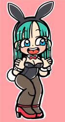 Rule 34 | 1girl, animal ear hairband, animal ears, aqua hair, bkub, black hairband, black leotard, black pantyhose, blue eyes, blush stickers, bow, bowtie, breasts, bulma, cleavage, detached collar, dot nose, dragon ball, dragon ball (classic), fake animal ears, fake tail, full body, hairband, high heels, highres, leotard, long hair, medium breasts, open mouth, outline, pantyhose, pink background, playboy bunny, rabbit ears, rabbit tail, red bow, red bowtie, red shoes, shoes, simple background, smile, solo, tail, teeth, upper teeth only, white outline, white wrist cuffs, wrist cuffs