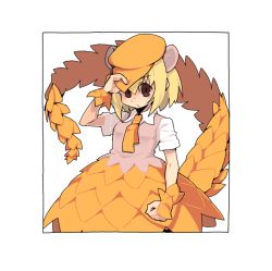 10s 1girl blonde_hair blush border cuffs deerstalker female_focus giant_pangolin_(kemono_friends) hand_on_headwear hat kemono_friends litamisu necktie pangolin_ears pangolin_tail scales short_hair short_sleeves skirt solo vest white_background