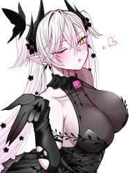 1girl absurdres bare_shoulders black_dress black_hands blowing_kiss blush body_markings breasts colored_extremities crossed_bangs demon_girl demon_horns detached_sleeves dress earrings fate/grand_order fate_(series) green_eyes grey_hair hair_between_eyes highres horns jewelry large_breasts lilith_(fate) lilith_(fgo_fes._2025)_(fate) long_hair looking_at_viewer mcpc_zamurai one_eye_closed open_mouth pointy_ears see-through_cleavage see-through_clothes solo twintails very_long_hair