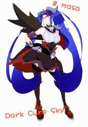1girl absurdres aged_up ankle_boots armor artist_name black_dress black_thighhighs black_wings blue_cape blue_hair boots bow brooch cape character_name closed_mouth commentary cure_sky cure_sky_(dark) cut_bangs dark_persona detached_sleeves dress dress_bow earclip earrings feathered_wings frown full_body gloves grey_dress grey_gloves hair_ornament hands_on_own_hips head_tilt highres hirogaru_sky!_precure jewelry leaning_forward long_hair looking_at_viewer magical_girl masa1126557 multicolored_dress multicolored_hair pauldrons precure red_boots red_cape red_dress red_eyes red_hair shoulder_armor simple_background single_earring single_pauldron single_wing sleeveless sleeveless_dress solo sora_harewataru spiked_pauldrons standing streaked_hair thighhighs torn_cape torn_clothes twintails two-tone_cape very_long_hair white_background wing_brooch wing_hair_ornament wings