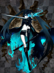 Rule 34 | 10s, 1girl, black hair, black rock shooter, black rock shooter (character), blue eyes, boots, coat, female focus, gloves, glowing, glowing eyes, green hair, jimu kaji, kajimiya (kaji), midriff, navel, scar, shorts, solo, sword, trench coat, twintails, weapon