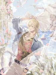 1boy against_railing arm_up belt black_belt blonde_hair boat bouquet brown_eyes character_name dated english_text ensemble_stars! floral_print flower hair_between_eyes hakaze_kaoru happy_birthday highres hikuich holding holding_bouquet jacket jewelry long_hair looking_at_viewer necklace official_alternate_costume pants railing ring ring_necklace sailboat smile solo watch watercraft white_jacket white_pants wristwatch