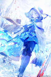 2girls absurdres blood blue_pants blue_theme blush castle cloak closed_mouth highres holding holding_staff long_hair multiple_girls noyu_(noyu23386566) original pants short_hair staff white_cloak white_hood