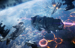 agnidevi battle explosion firing fleeing halo halo:_reach halo_(game) halo_(series) highres laser no_humans planet scenery spacecraft wreckage