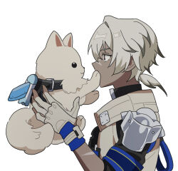 1boy animal arlan_(honkai:_star_rail) armor backpack bag collar colored_tips commentary covering_own_mouth dark-skinned_male dark_skin dog from_side gloves grey_hair holding holding_animal holding_dog honkai:_star_rail honkai_(series) jacket male_focus multicolored_hair peppy_(honkai:_star_rail) ponytail profile red_eyes rocket scar scar_on_face scar_on_nose short_hair short_ponytail short_sleeves simple_background udeudede upper_body white_background white_gloves white_hair white_jacket