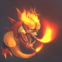 arm_spikes back_spikes beak breath_weapon breathing_fire claws commentary_request fire flame-tipped_tail full_body gen_1_pokemon grey_background magmar masainu nintendo outstretched_arms pokemon pokemon_(creature) pokemon_focus solo spikes tail