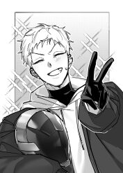 1boy absurdres alien_stage awawawawaw0419 closed_eyes commentary facing_viewer gloves greyscale helmet highres holding holding_helmet hood hoodie jacket jacket_over_hoodie male_focus monochrome short_hair smile solo sparkle sparkling_aura till_(alien_stage) turtleneck upper_body v very_short_hair