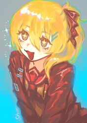 Rule 34 | + +, 1girl, alternate costume, alternate hairstyle, blonde hair, blue background, bow, don quixote (project moon), hair bow, highres, limbus company, looking at viewer, medium hair, open mouth, project moon, red bow, red sailor collar, red shirt, sailor collar, shan23852196, shirt, side ponytail, simple background, solo, upper body, yellow eyes