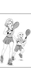 Rule 34 | 1boy, 1girl, absurdres, android 18, bald, bald male, black eyes, couple, dragon ball, happy, highres, husband and wife, kuririn, muscular, muscular male, racket, running, smile, sportswear, tennis racket, tennis uniform, white background