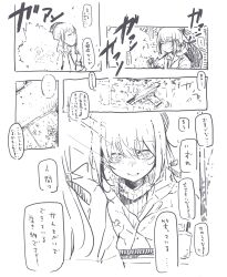 Rule 34 | 1girl, absurdres, cartridge, closed eyes, commentary, firing, greyscale, gun, hair over eyes, hair ribbon, handgun, highres, holding, holding gun, holding weapon, jacket, long bangs, looking at mirror, medium hair, mirror, monochrome, muzzle flash, original, parted lips, ribbon, shichisaburo, shower head, smile, speech bubble, sweater, toothbrush, toothpaste, translated, turtleneck, turtleneck sweater, weapon, weapon request