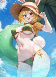 absurdres beach_umbrella bikini blonde_hair blush breasts brown_eyes carrot_(one_piece) cropped_shirt curvy day flower furry green_bikini green_nails hat hat_flower hawaiian_shirt highres holding holding_swim_ring innertube klopsiak looking_at_viewer navel one_piece open_clothes open_shirt orange_shirt patreon_logo patreon_username rabbit_girl shirt short_hair side-tie_bikini_bottom smile straw_hat swim_ring swimsuit thong thong_bikini umbrella wet wet_clothes wide_hips