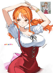 1girl :| absurdres alternate_costume alternate_hairstyle anime_screenshot_inset arms_up artist_name bracelet breasts closed_mouth commentary_request dirndl dress german_clothes highres jewelry kasumi_6 large_breasts log_pose long_hair nami_(one_piece) nami_(one_piece)_(whole_cake_island) official_alternate_costume official_alternate_hairstyle one_piece orange_eyes orange_hair own_hands_together partial_commentary puffy_short_sleeves puffy_sleeves red_dress reference_inset ribbon-trimmed_shirt ribbon_trim shirt short_sleeves simple_background sleeveless sleeveless_dress twintails white_background white_shirt