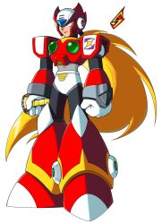 1boy android armor blue_eyes chest_jewel clenched_hands closed_mouth energy_sword forehead_jewel full_body helmet highres holding holding_sword holding_weapon jewelry long_hair mega_man_(series) mega_man_x_(series) ponytail red_armor red_helmet robot robot_ears shoulder_armor solo strike_sketch sword very_long_hair weapon z_saber zero_(mega_man)