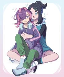 2girls black_hair blue_eyes dot_(pokemon) hair_ornament hair_over_one_eye hairclip headphones headphones_around_neck heart highres hug jacket liko_(pokemon) looking_at_another medium_hair multiple_girls nihiro_(erxun11) nintendo open_mouth pokemon pokemon_(anime) pokemon_horizons ponytail shoes shorts simple_background sitting sitting_on_person smile terashards white_background yuri