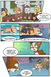 absurdres chase_(paw_patrol) commentary dog english_commentary english_text highres marshall_(paw_patrol) paw_patrol skye_(paw_patrol) speech_bubble tagme tickling