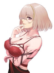 1girl absurdres arm_under_breasts blonde_streaks breasts cleavage code_vein cross_scar dress eva_roux from_side grey_hair highres large_breasts looking_at_viewer multicolored_hair nero_(voyaki) red_dress scar scar_on_arm scar_on_face short_hair simple_background sleeveless sleeveless_dress solo streaked_hair torn_clothes torn_dress upper_body white_background