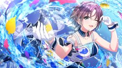 1girl absurdres asakura_toru bad_link bare_shoulders blush dress earrings fish gloves hair_ornament highres idolmaster idolmaster_shiny_colors jewelry multicolored_dress official_art open_mouth suspenders water waves white_gloves