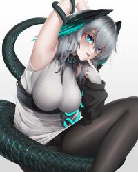 Rule 34 | 1girl, absurdres, aqua eyes, arknights, arm behind head, arm up, armpits, between breasts, black pantyhose, breasts, dress, fangs, feathered wings, finger to mouth, fingerless gloves, gloves, grey hair, hair between eyes, head wings, highres, ho&#039;olheyak (arknights), infection monitor (arknights), kafu (kafu6416), large breasts, long sleeves, long tail, looking at viewer, medium hair, panties, pantyhose, pantyshot, sitting, sleeveless, sleeveless dress, snake tail, solo, strap between breasts, tail, tongue, tongue out, underwear, white background, white dress, white gloves, wings