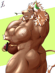 1boy absurdres animal_ears arm_hair ass bara biceps censored commentary_request cow_boy cow_ears cow_horns cow_tail crossed_arms dallawan_(xxl) earrings erection from_behind furry furry_male grin highres horns jewelry looking_at_viewer male_focus mouth_hold muscular muscular_male penis penis_piercing piercing run_aki scar scar_across_eyebrow scar_on_face signature smile stalk_in_mouth tail white_hair xxl_woofia