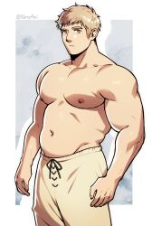 1boy artist_name bara biceps blonde_hair broad_shoulders cowboy_shot dungeon_meshi highres laios_touden large_pectorals male_focus muscular muscular_male nifast_(greentail) nipples pants pectorals signature solo thick_eyebrows topless_male yellow_eyes