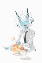 1girl absurdres blue_horns blue_oni blue_skin colored_skin hair_between_eyes highres horns looking_at_viewer lq9140 multicolored_horns necktie oni open_mouth pointy_ears shirt short_hair smile solo soukaku_(zenless_zone_zero) two-tone_horns white_hair white_shirt zenless_zone_zero
