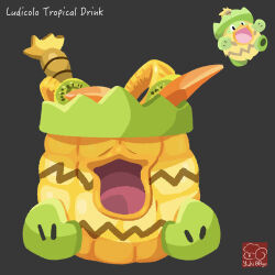 arrow_(symbol) artist_logo artist_name character-themed_food character_name cup drink food food_focus food_name fruit gen_3_pokemon grey_background highres kiwi_(fruit) kiwi_slice logo ludicolo nintendo no_humans pineapple pineapple_slice pokemon pokemon_(creature) simple_background tropical_drink yuki00yo