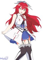 1girl absurdres ascot black_thighhighs blue_skirt feet_out_of_frame garter_straps headgear highres kantai_collection long_hair messy_hair military_uniform neckerchief one-hour_drawing_challenge phoenix_(kancolle) red_ascot red_eyes red_hair red_neckerchief robinson_(day_l_full) simple_background skirt sleeveless sleeveless_jacket smile solo thighhighs white_background white_overskirt