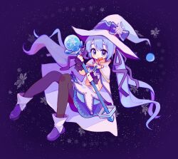 Rule 34 | 1girl, blue eyes, boots, cape, dress, eyelashes, frills, full body, hair ribbon, hat, hatsune miku, highres, holding, holding staff, long hair, looking at viewer, makeup, open mouth, pantyhose, purple hair, purple ribbon, purple shoes, purple theme, ribbon, rouge (makeup), shoes, snowflakes, solo, staff, suuroku, teeth, twintails, upper teeth only, very long hair, vocaloid, witch hat, yuki miku, yuki miku (2014)