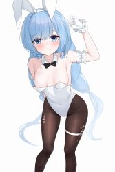 Rule 34 | 1girl, absurdres, animal ears, arm behind back, azur lane, bare shoulders, blue eyes, blue hair, blush, braid, breasts, covered navel, detached collar, embarrassed, fake animal ears, frown, gloves, hand up, highres, hip focus, janus (a lesson in billiards) (azur lane), janus (azur lane), leaning forward, leotard, long hair, looking at viewer, nervous, no bra, pantyhose, rabbit ears, skin tight, small breasts, solo, standing, strapless, strapless leotard, thigh strap, thighs, torn clothes, torn pantyhose, twin braids, twintails, very long hair, white gloves, white leotard, zerotwenty (020)