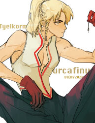 Rule 34 | 1boy, 2020, artist name, bare arms, bare shoulders, blonde hair, braid, celegorm, character name, dated, elf, eyebrows, eyebrows hidden by hair, eyelashes, gloves, hair up, highres, looking at object, male focus, nostrils, pectoral cleavage, pectorals, pointy ears, prince, simple background, sitting, solo, the silmarillion, tolkien&#039;s legendarium, viery, white background