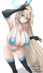 Rule 34 | 1girl, arm up, armpit crease, armpits, asuna (blue archive), bare shoulders, bent over, black gloves, black thighhighs, blue archive, blue eyes, blue ribbon, blush, breasts, choker, cleavage, clenched teeth, collarbone, deep skin, dot nose, elbow gloves, gloves, grin, hair over one eye, hair ribbon, halo, highres, ibara azuki, large breasts, light brown hair, long hair, looking at viewer, mole, mole on breast, ribbon, sideboob, skindentation, slingshot swimsuit, smile, swimsuit, teeth, thighhighs, thighs, v, very long hair, w